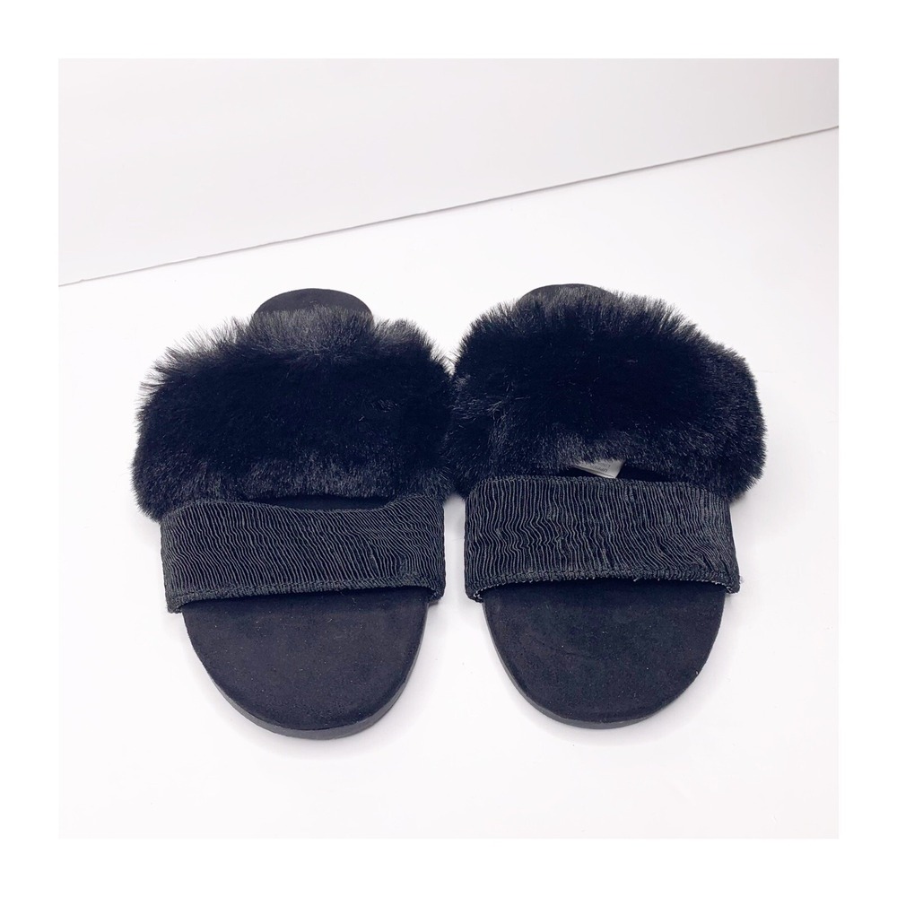 NEW INC Black Double Band Faux Fur Slides Small 5-6 Cozy Chic House Slippers - Picture 3 of 8